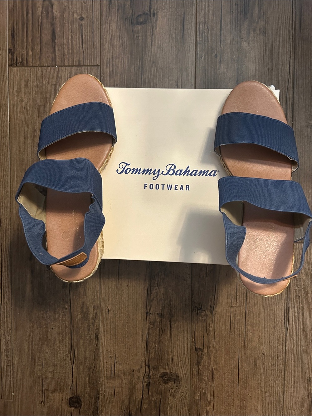 Tommy Bahama Navy Elastic Strap Wedge Sandals with Tan Footbed